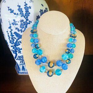Vintage STAR Brand Double Strand Blue Beaded Necklace Gold-Tone Clasp